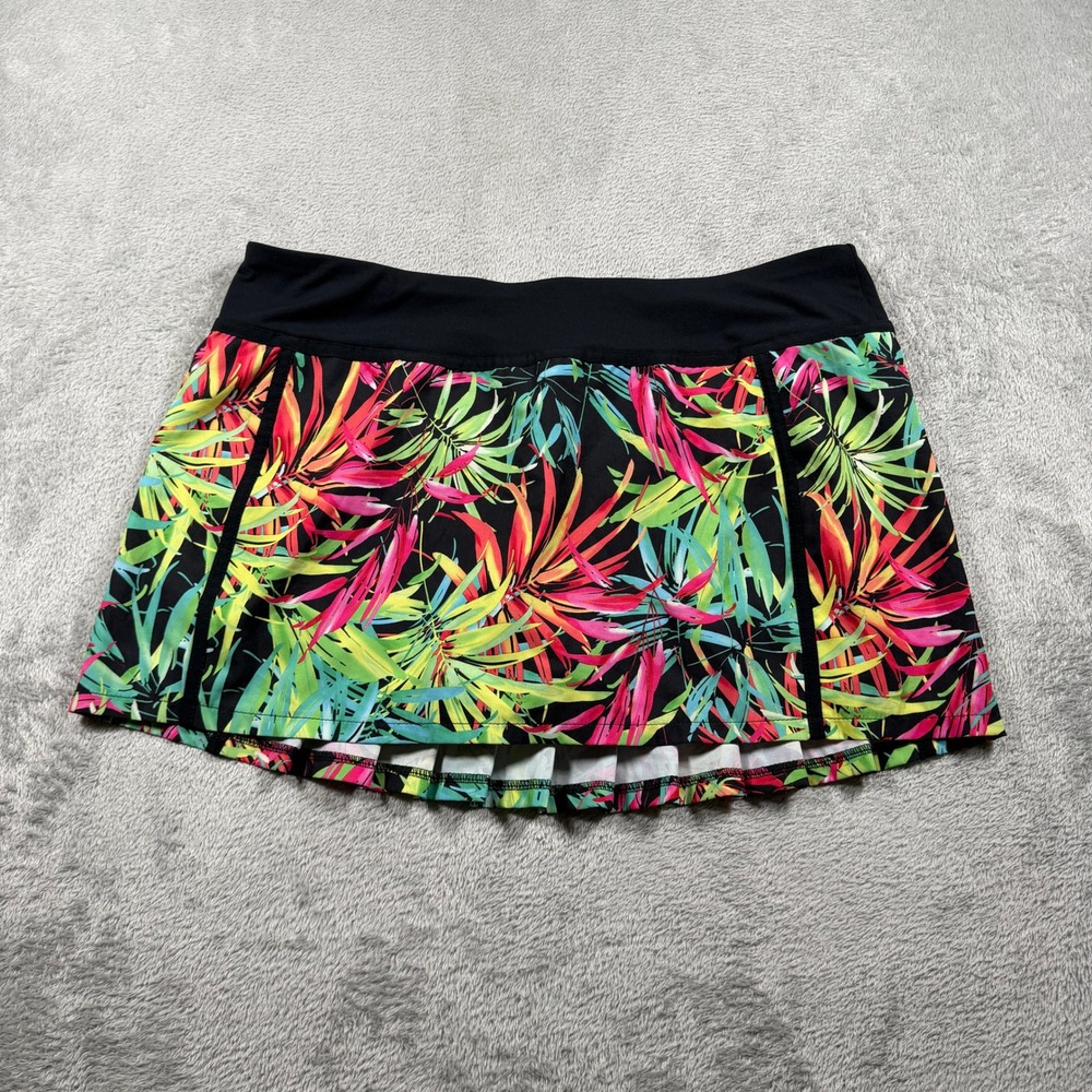 Fabletics Skort Women L Black Tropical Palm Print Pleated Tennis Golf Skirt